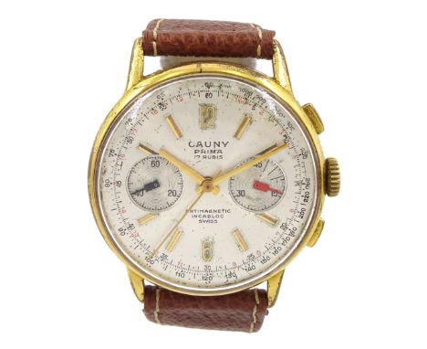 Cauny Prima gentleman's manel wind chronograph wristwatch, 17 jewel movement, Cal. 248, silvered dial with subsidiary seconds