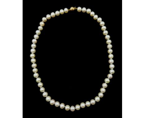 Single strand cultured pink/white pearl necklace, with 9ct gold ball claspCondition Report:Length = 44.5cm