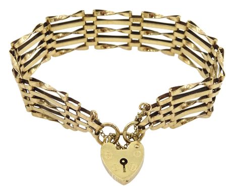 9ct gold five bar gate bracelet, with heart locket clasp, hallmarkedCondition Report:Approx 12.4gm