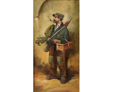 VALENTE (EARLY TWENTIETH CENTURY CONTINENTAL SCHOOL) OIL ON CANVAS Portrait of an umbrella seller, smoking a pipe Signed  23”