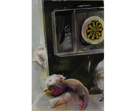 IAN POLLOCK (1950)  WATERCOLOUR, GOUACHE AND INK ‘Last Orders’  Signed, tilted and dated 1984, to Thumb Gallery, London, labe