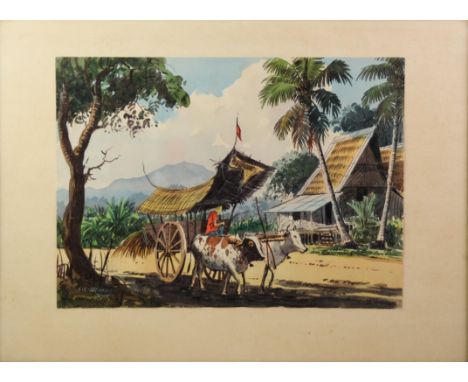 ABU BAKAR IBRAHIM (1925-1977)  TWO SIGNED WATERCOLOURS  Far Eastern village scene with oxen drawn cart and dwelling 11” x 15”