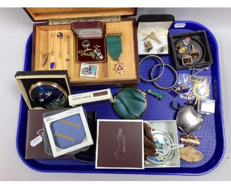 A Collection of Gent's Accessories, including gilt coloured cufflinks, tie slide, woven bracelet, enamelled pin badges etc, w