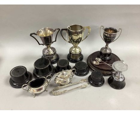 Plated Trophy Cups, including fishing and golfing; socle bases; part cruet set, etc.