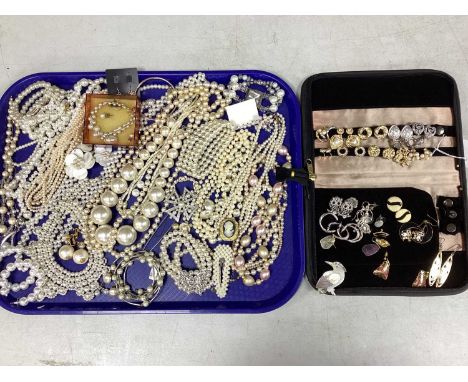 An Assortment of Imitation Pearl Bead Jewellery, including statement graduated necklace, cameo fancy clasp necklace, drop cli