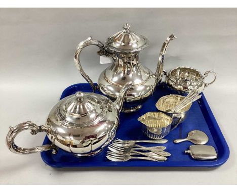 Oneida Antique Style Plated Tea and Coffee Pots, matching twin handled sugar bowl, apostle and other teaspoons, pastry forks,