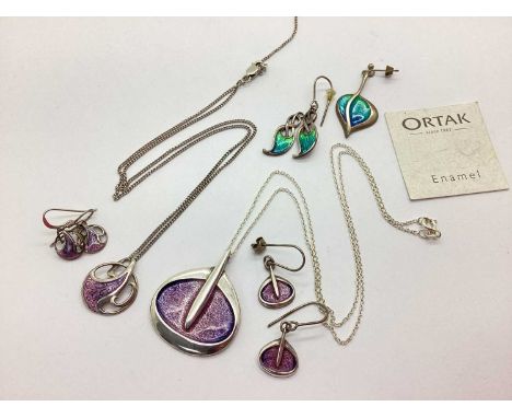Ortak; A Scottish 925 Hallmarked Silver and Enamel Pendant, of sinuous design highlighted in gradient pink and mauve; togethe