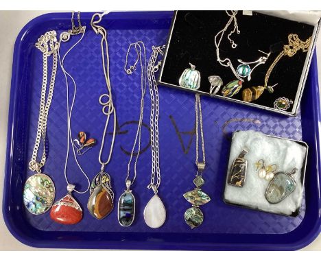 Assorted "925" and Other Jewellery, to include hardstone inlaid pendants, enamel inlaid floral surmount, abalone inlay ring, 