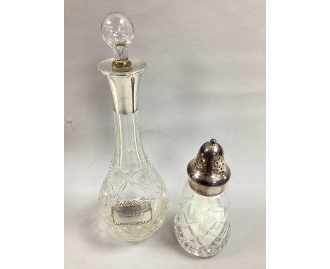 A Hallmarked Silver Cut Glass Decanter, (replacement stopper) with a hallmarked silver decanter label 'Sherry'; together with