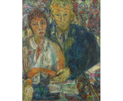 Effat Naghi (Egypt, 1905-1994)Saad and Effat in their Garden  oil on panel, framedsigned 'EF' (lower right), further inscribe