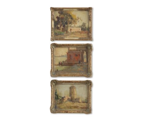 Kamel Moustafa (Egypt, 1917-1982)Rustic Landscape, Fortress of Qaitba oil on panel, three panels, framed individually signed 