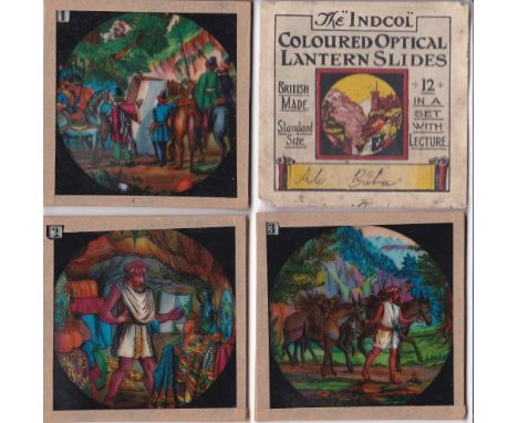 Ali Baba Magic Lantern Slides (12 in total), the "Indcol" Coloured Optical Lantern Sliders all in beautiful condition with bo