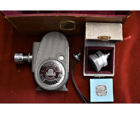 Bell &amp; Howell Filmo Sportster Double Run Eight 8mm 1930's Movie Camera in leather box with portrait attachment and 2 1/2 