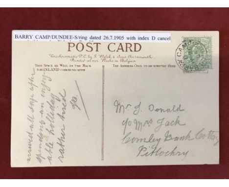 Military Camp Postcard - 1905 Barry Camp Dundee, Single Ring index 'D' date stamp, *** Romantic colour postcard 'So near, yet