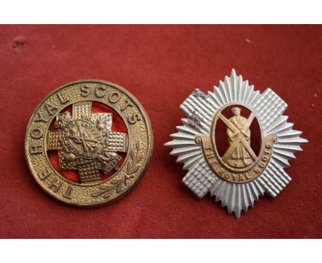 Scottish Cap Badges (2) The Royal Scots incl The Royal Scots Helmet Plate Centre and Cap Badge (Gilding-metal and Bi-metal)