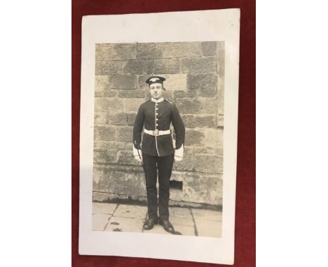 Gloucestershire Regiment KEDVII era No.1 Dress with white buff leather belt, unusual 'Pork Pie' cap , RP Portrait, fine card
