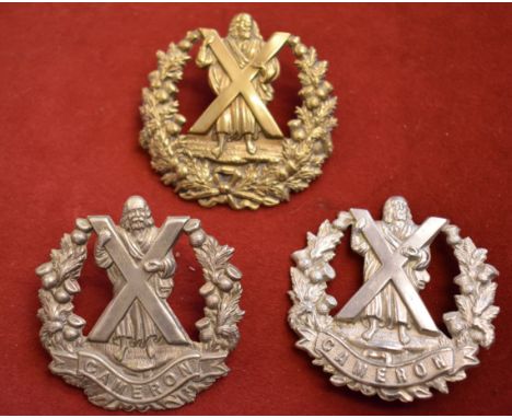 The Queen's Own Cameron Highlanders WWI Other Ranks Glengarry Cap Badge (White-metal), two lugs an unusual variation with a d