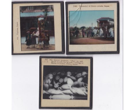 Japanese Magic Lantern Slides (3 in colour and 2 in b/w, 5 total), including: 3 Wise Monkeys - Nykko, Pilgrims, Shinto Priest