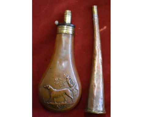 British Copper Black Powder Flask and trumpet 19th Century James Dixon &amp; Sons, the design of a Retriever Dog on the hunt.