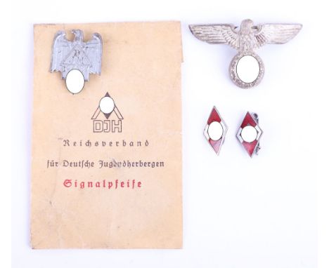 Third Reich Hitler Youth Insignia Grouping, consisting of original HJ leaders cap eagle with much of the silver frosted finis