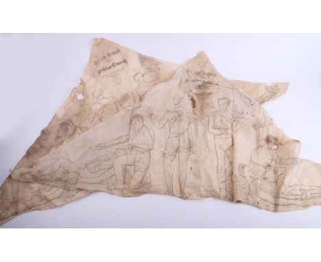 2x Imperial German Instructional Cloths, printed cloths to show how to tie bandages on wounded soldiers for various wounds an