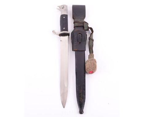 WW2 German Armed Forces Parade Bayonet by Tiger Solingen, two piece black chequered grips with plated pommel and cross guard.