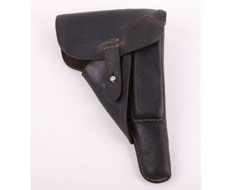 WW2 German P-38 Pistol Holster, soft black leather pistol holster with securing strap and aluminium stud fitting. Reverse wit
