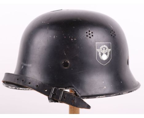 Third Reich Fire Police Helmet, good example of an M-34 pattern aluminium helmet with black paint finish to the shell. Comple