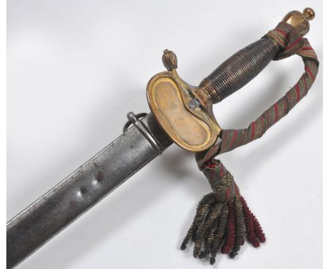 British 1796 Infantry Officers Sword, with copper wire bound grip, gilt brass folding guard, knuckle bow and top pommel. Bull