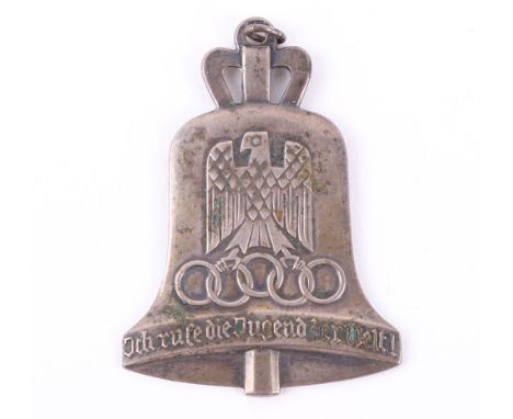 1936 Berlin Olympics Fob Badge, fine quality silver fob badge in the form of the Olympic bell with eagle and Olympic rings to