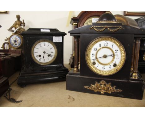 Two late Victorian mantle clocks, comprising one of slate in Classical style with key and pendulum, the other wooden cased, b