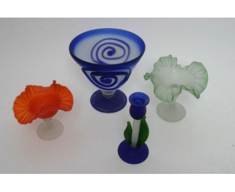 Four pieces of art glass comprising a large bowl, two bowls with wavy rims and a candlestick, purchased from a studio in Lond