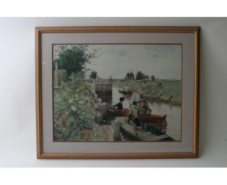 A decorative framed print depicting figures at a lock gate