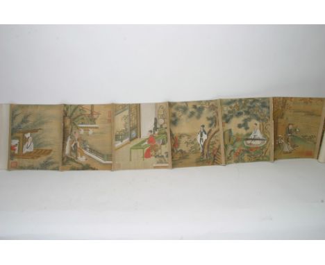A fine quality Chinese horizontal scroll finely hand painted with ten rectangular panels of various figures in traditional sc
