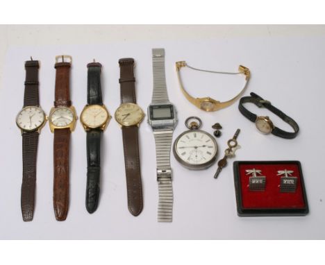 A collection of vintage watches including Tissot wristwatches, silver pocket watch and a gold cased ladies wristwatch