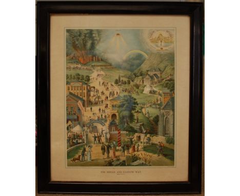 An ebonised framed coloured print titled The Broad and Narrow Way, Morgan & Scott Ltd