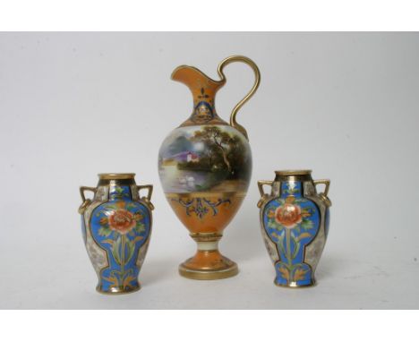 A Noritake ewer and pair of smaller twin handles vases