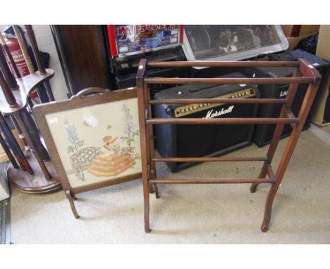 A collection of items comprising a fire screen, towel rail and an old trunk Nick 