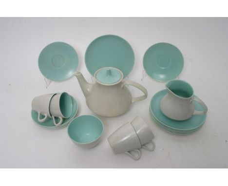 A Poole Pottery tea set having turquoise glaze