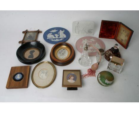 A small collection of odds including perfume bottles, Wedgwood plaques and framed portrait miniatures
