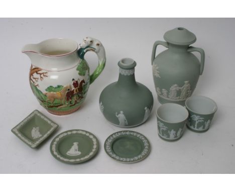 A Wedgewood Dye Ken John Peel jug, and a quantity of green Wedgwood Jasperware