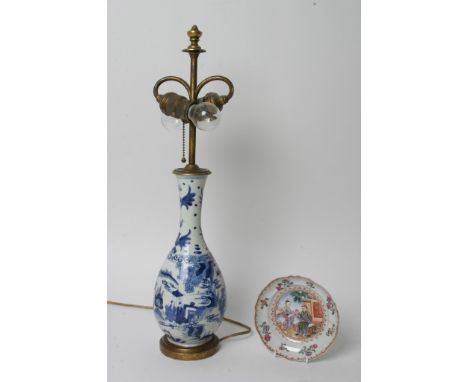 A Chinese blue and white vase converted to a lamp together with a small 18th century famille rose dish