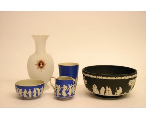 A Wedgwood black basalt Jaspwerware bowl together with three pieces of Copeland Spode Jasper ware type pottery and a decorati