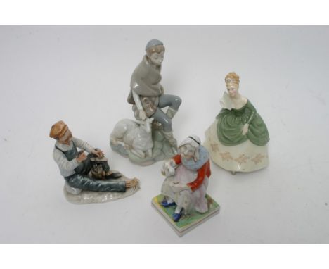 A Lladro figure of a boy with sheep, a Staffordshire model of an old woman, a figure of a lady with another by Capodimonte