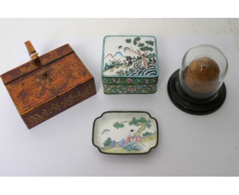 An interesting collection of Chinese items comprising a Canton enamel box decorated with a chicken, a Canton enamel dish, a s