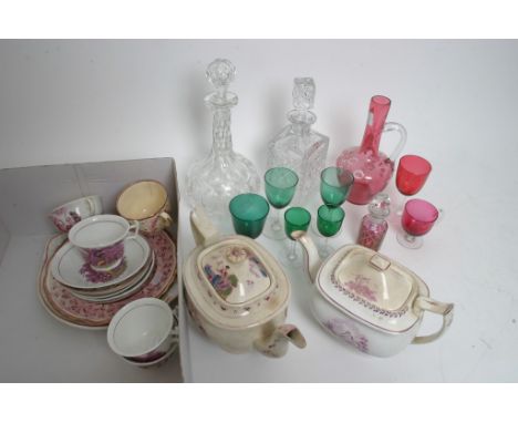 A cranberry glass vase green wine glasses cranberry glass custard cups and other oddments