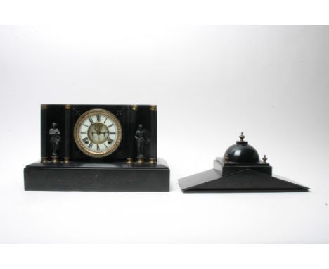 A large slate mantle clock with pendulum, a/f