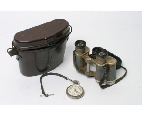 A pair of military German CAG binoculars and a 'Services Army' pocket watch