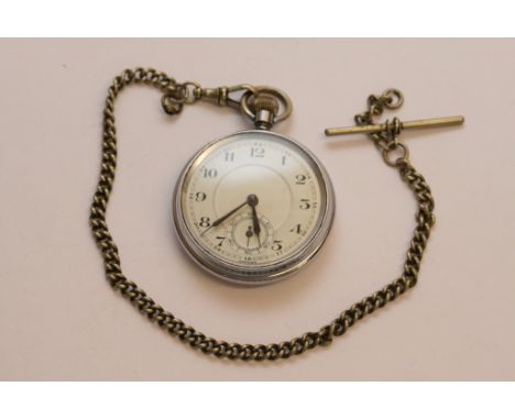 A button wind pocket watch on chain with T bar