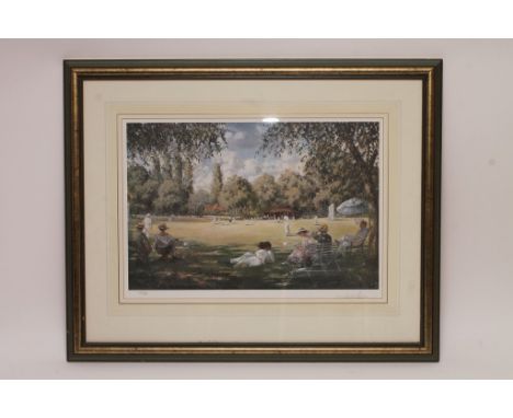 A limited edition, signed Sherree Valentine-Daines print depicting cricket on the green, approximately 60x76 cm